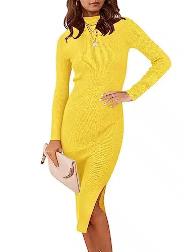 ANRABESS Women's Fall Turtle Neck Sweater Dress Casual Plain Knitted Side Slit Tight Fitted Knee Length Holiday Travel Bodycon Midi Dresses mangguohuang M Yellow