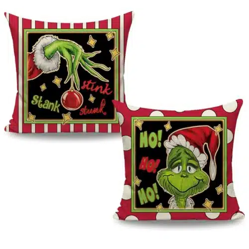 CARRIE HOME Christmas Pillow Covers xSet of Green Christmas Decorations Merry Grin. chmas Pillows Decor Farmhouse Christmas Throw Pillows for Home Couch Bed Front Porch