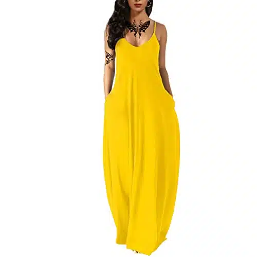 Fussangshu Women's Summer Maxi Dress Long Dress Casual Boho Sleeveless Strap Smocked Tiered Long Beach Sun Dresses B Yellow