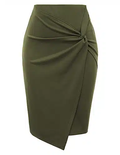 Kate Kasin Wear to Work Pencil Skirts for Women Elastic High Waist Wrap Front Olive Green