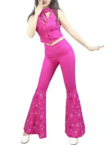 Naywig Cowgirl Outfit s s Hippie Disco Costume Pink Flare Pant Halloween Cosplay For Women Girls X Large