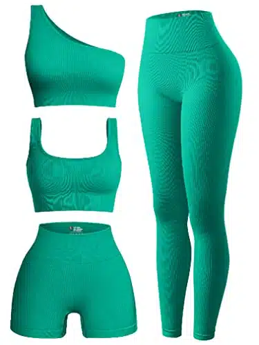 OQQ Women's Piece Ribbed Exercise Scoop Neck Sports One Shoulder High Waist Legging Active Set Shorts Bra Outfit, Green, Medium