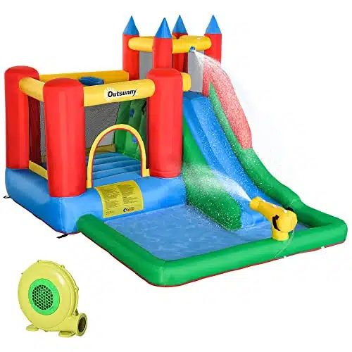 Outsunny in Kids Bounce House Inflatable Water Slide with Pool, Water Cannon, Climbing Wall, Inflator Included, Jumping Castle Kids Backyard Activity Outdoor Water Play Toy