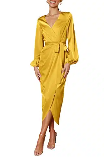 PRETTYGARDEN Women's Maxi Satin Dress Puff Sleeve Wrap V Neck Ruched Belted Long Formal Cocktail Dresses (Yellow,X Large)