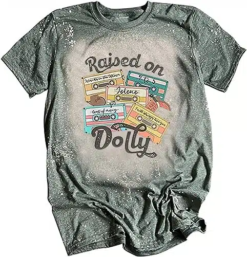 Raised On Dolly Funny Letter Print Lady T Shirt Country Music Tape Graphic Shirt Summer Retro Casual Bleached Top (Green, X Large)