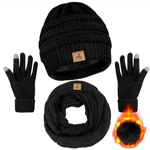 Winter Beanie Hat Scarf Gloves, Warm Fleece Knit Winter Hats Touch Screen Gloves Neck Scarf Set Winter Gifts for Women Men