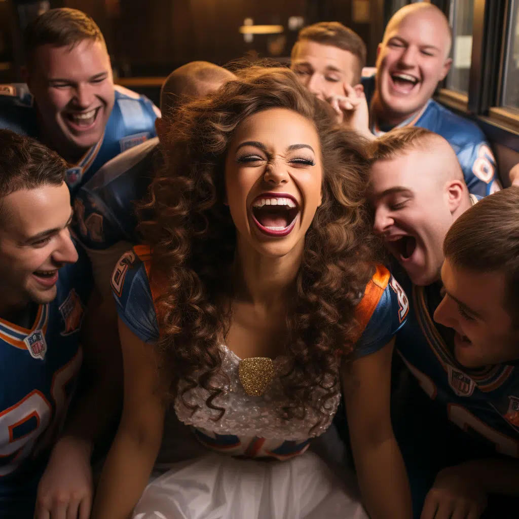 a smiling supermodel cheerleader surrounded by football players laughing