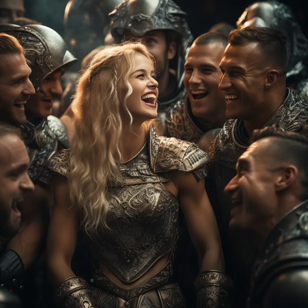 blonde female supermodel warrior surrounded by male bodybuilders laughing