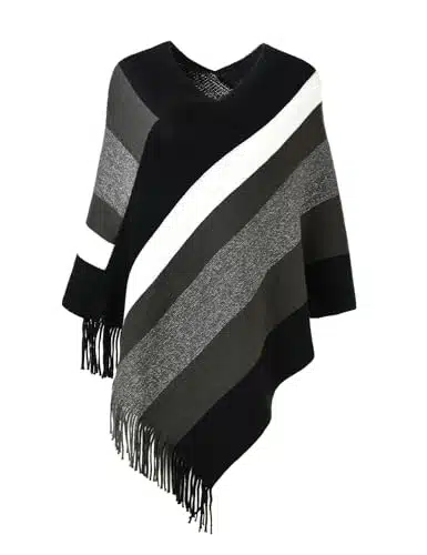 Ferand Women's Casual Striped Poncho Sweater Versatile Fringe Shawl Wrap, One Size, Black & Grey