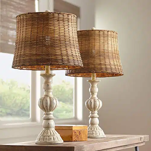 John Timberland Trinidad Country Cottage Table Lamps High Set of Antique White Candlestick Tropical Rattan Tapered Drum Shade for Living Room Bedroom House Bedside Nightstand Home