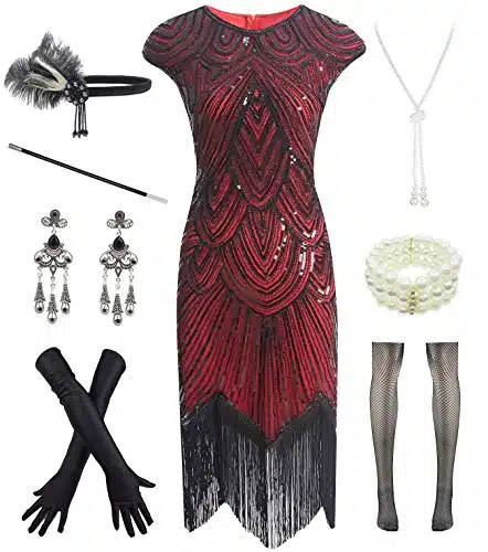 Letter Love Women s Vintage Flapper Fringe Beaded Gatsby Party Dress With s Accessories Set (XL, Black Red)