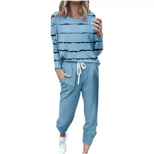 Oggfader black of friday deals omen's Two Piece Outfit Long Sleeve Pullover Print Drawstring Jogger Pants Fall Fashion Tracksuit Set today show deals Light Blue S