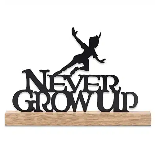 Open Road Brands Disney Peter Pan Never Grow Up Tabletop Decor   Peter Pan Metal Silhouette on Natural Wood Base