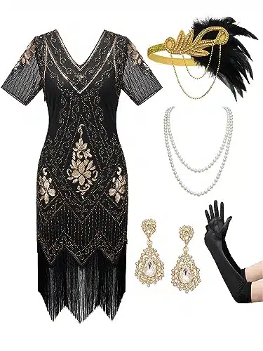 SWEETV Women's Flapper Dresses s Fringed Sequin Great Gatsby Dress with s Accessories  Roaring s Costumes Black Gold Large