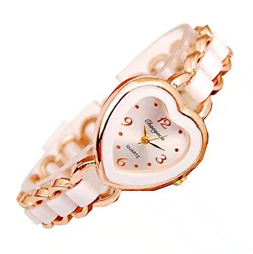 ZIMI Elegant Heart Shape Ladies Girls Women's Watch Dress Casual Metal Bracelet Rose Gold Wrist Watches for Women (White)