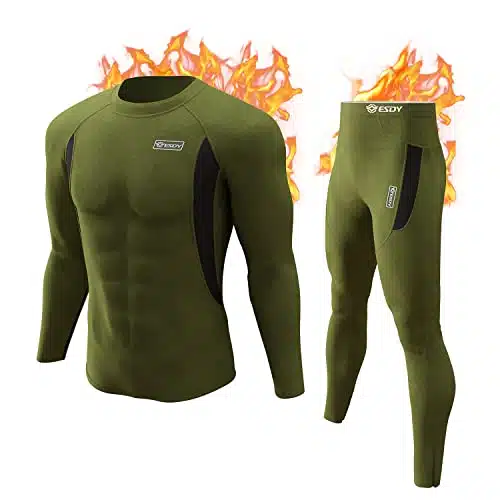 CL convallaria Thermal Underwear for Men, Winter Hunting Gear Sport Long Johns Base Layer Top and Bottom Set Midweight Army Green L