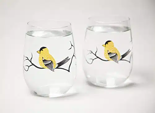 Golden Finch Stemless Wine Glasses Set of Yellow Bird Stemless Glasses, Yellow Finch Glassware