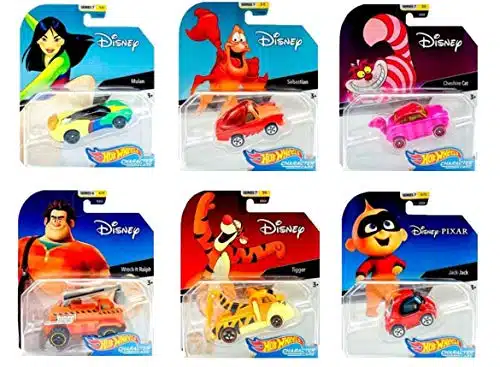 Hot Wheels Set of DisneyPixar Character Cars, Series , Collectible Die Cast Toy Cars, with Mulan, Sebastian, Cheshire Cat, Wreck It Ralph, Tigger, and Jack Jack