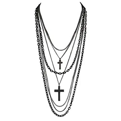 DragonWeave Jewelry Deluxe Gothic Crosses Retro adonna Multilayer Black & Gunmetal Chain Long Multi Strand Necklace