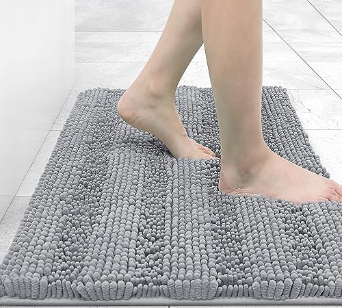 Grandaily Chenille Striped Bathroom Rug Mat, Extra Thick and Absorbent Bath Rugs, Non Slip Soft Plush Shaggy Bath Carpet, Machine Wash Dry, Bath Mats for Bathroom, x, Grey