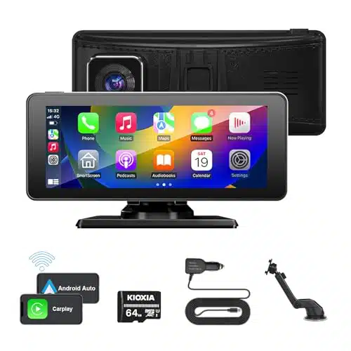 Portable Carpaly Screen for Car with K Dash Cam Front Camera ''Wireless Apple Carplay & Android Auto, Touch Screen Car Stereo with GPS NavigationMirror LinkBluetoothG Card