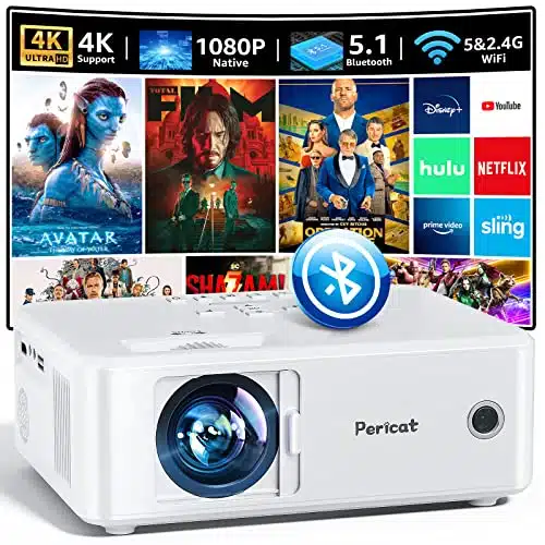 Projector with WiFi and Bluetooth, G WiFi Native P Movie Projector, L K Supported Portable Outdoor Projector, Pericat Home Theater Projector Compatible with TV Stick, Phone, L