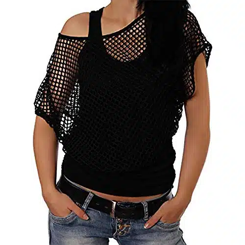 Smile Fish Women Casual Sexy s Costumes Fishnet Neon Off Shoulder T Shirt (XL, Black)