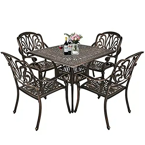 TITIMO Piece Cast Aluminum Outdoor Patio Dining Set, Pattern Chairs and Square Table,Cast Aluminum Conversation Set with  Umbrella Hole (Without Cushions, Square Table + Chair