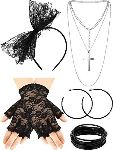 s Fancy Dress Costume Accessories Lace Headband Earrings Fishnet Gloves Necklace Bracelet for s Retro Party (Style A)