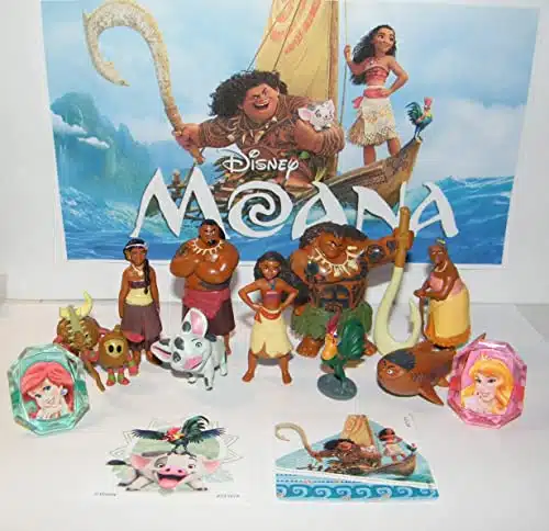 HappiToys Moana Movie Deluxe Figure Set with Fun Figures, PrincessRings and Stickers Featuring Demigod Maui, Moana, Pirates, Rooster and More!