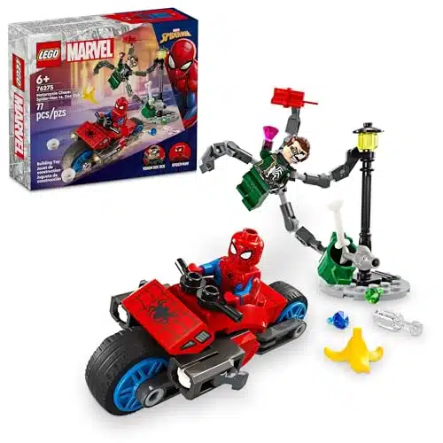 LEGO Marvel Motorcycle Chase Spider Man vs. Doc Ock, Buildable Toy for Kids with Stud Shooters and Web Blasters, arvel Minifigures, Super Hero Toy, Gift for Boys and Girls Age