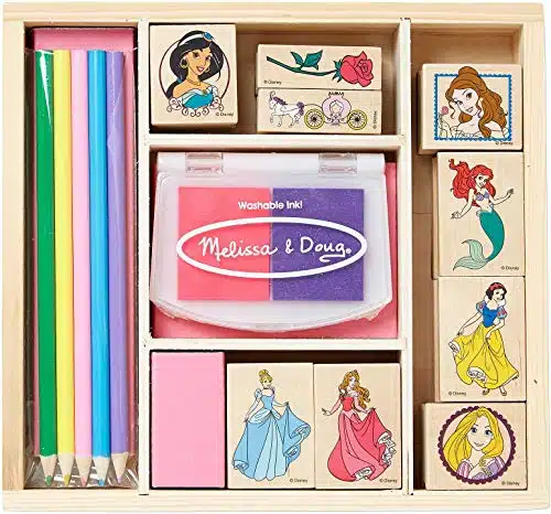 Melissa & Doug Disney Princess Wooden Stamp Set Stamps, Colored Pencils, and Color Stamp Pad With Washable Ink For Kids Ages +